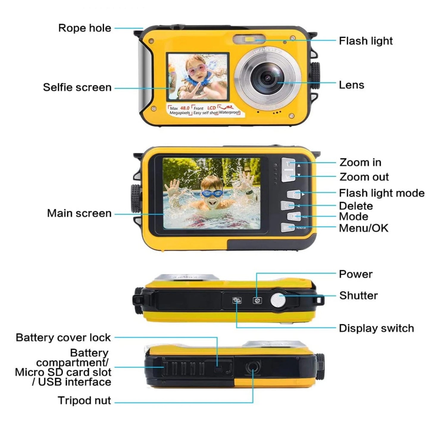 Underwater Camera Dual Screen Full HD 2.7K 48MP Digital Camera anti Shake Cam with Microphone LED Self - Timer 16X Digital Zoom - Tech - store
